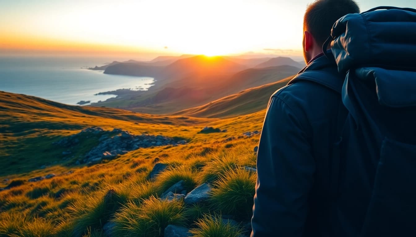 Wanderer genießt die atemberaubende Landschaft auf dem Dingle Way Irland mit majestätischen Hügeln.