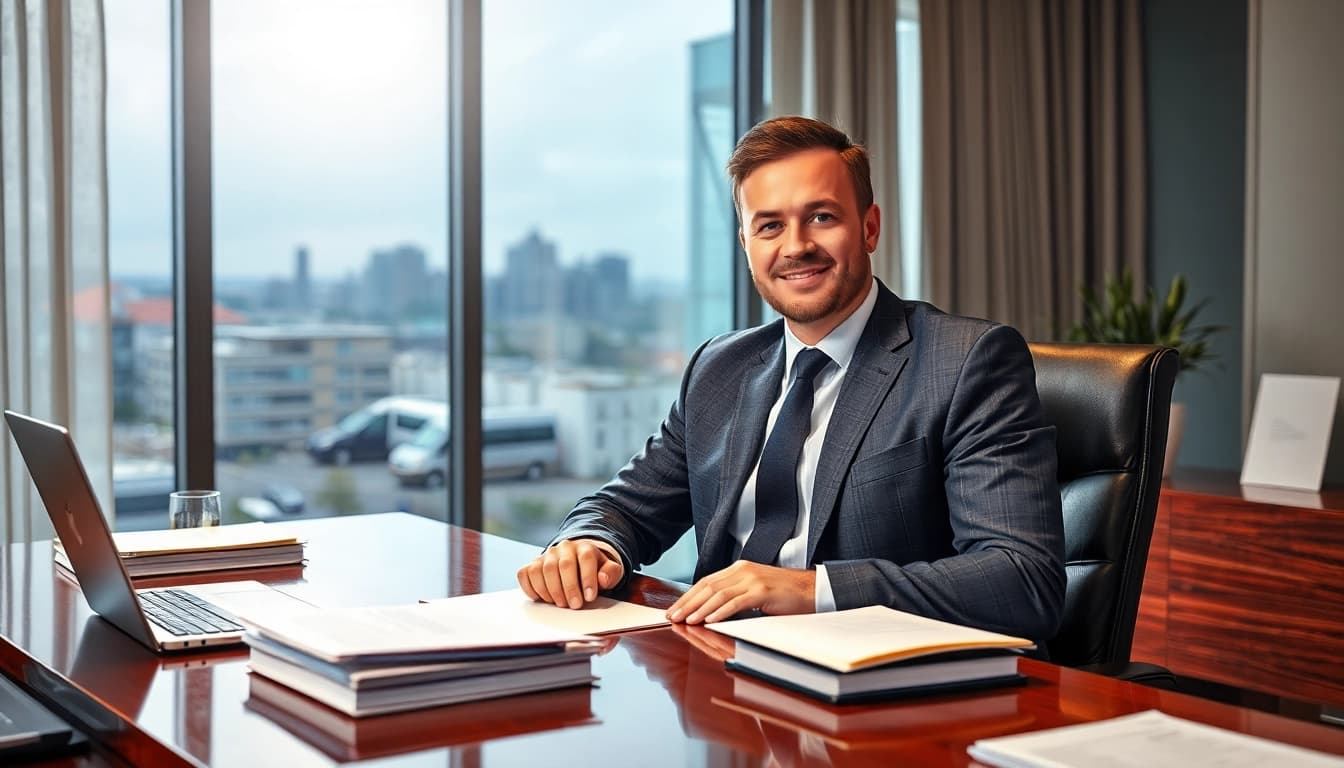 Headhunter Mühlheim bei der Arbeit an einem modernen Bürotisch, umgeben von Dokumenten und Laptops.