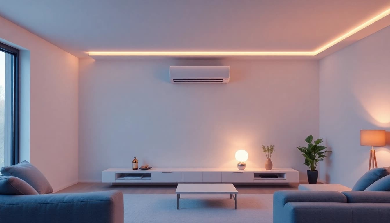 Klimaanlagen kaufen: Elegante Klimaanlage in modernem Wohnraum sichtbar, stilvolle Raumgestaltung.