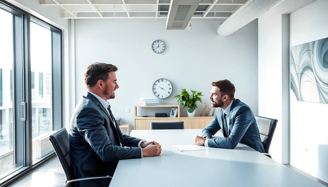 Headhunter Bielefeld im modernen Büro, der mit einem Bewerber spricht.