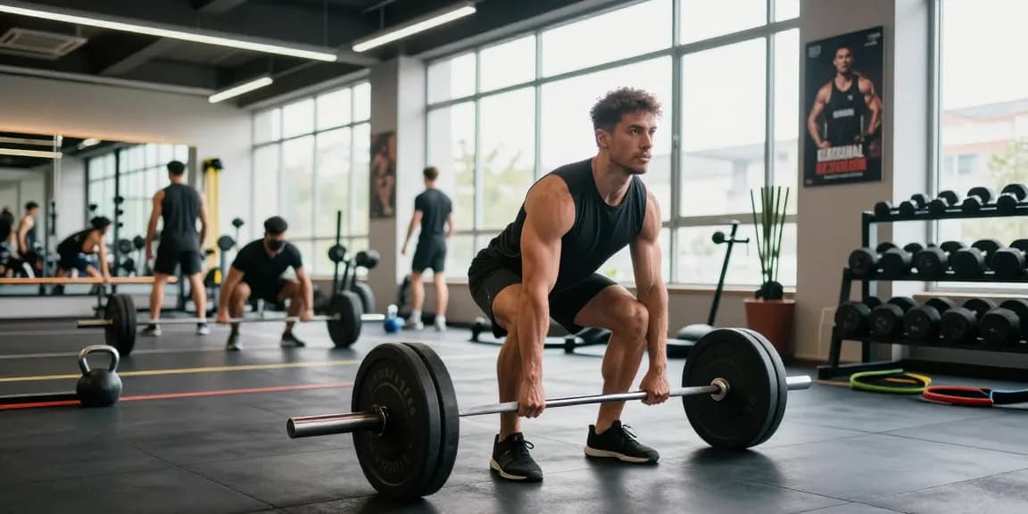 Sportlicher Mann hebt Gewichte in einem hellen Fitnessstudio von Anabolika Shop Deutschland, fördert Muskelwachstum mit effektivem Training und anabolen Nahrungsergänzungsmitteln.