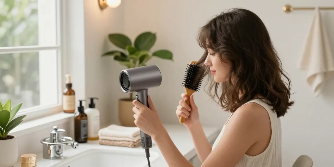 Stylish woman using a compact hair dryer while styling her hair at a bright bathroom vanity.