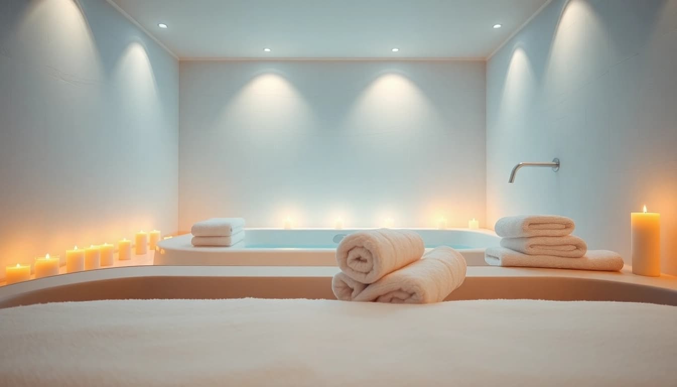 Experience the comfort of a wellnessliege elektrisch beheizbar featuring plush padding and a tranquil spa setting.