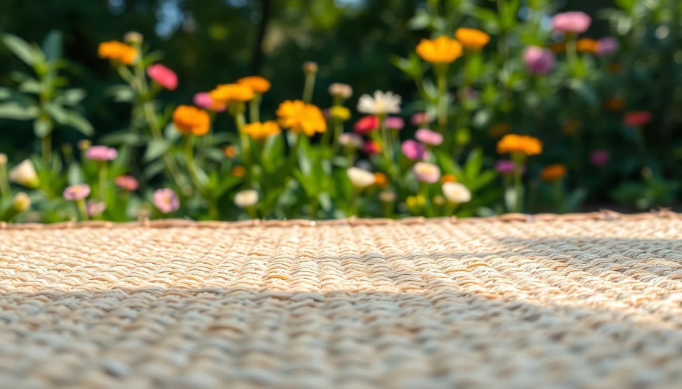 Hanfmatte in entspannendem Garten mit lebhaften Pflanzen.