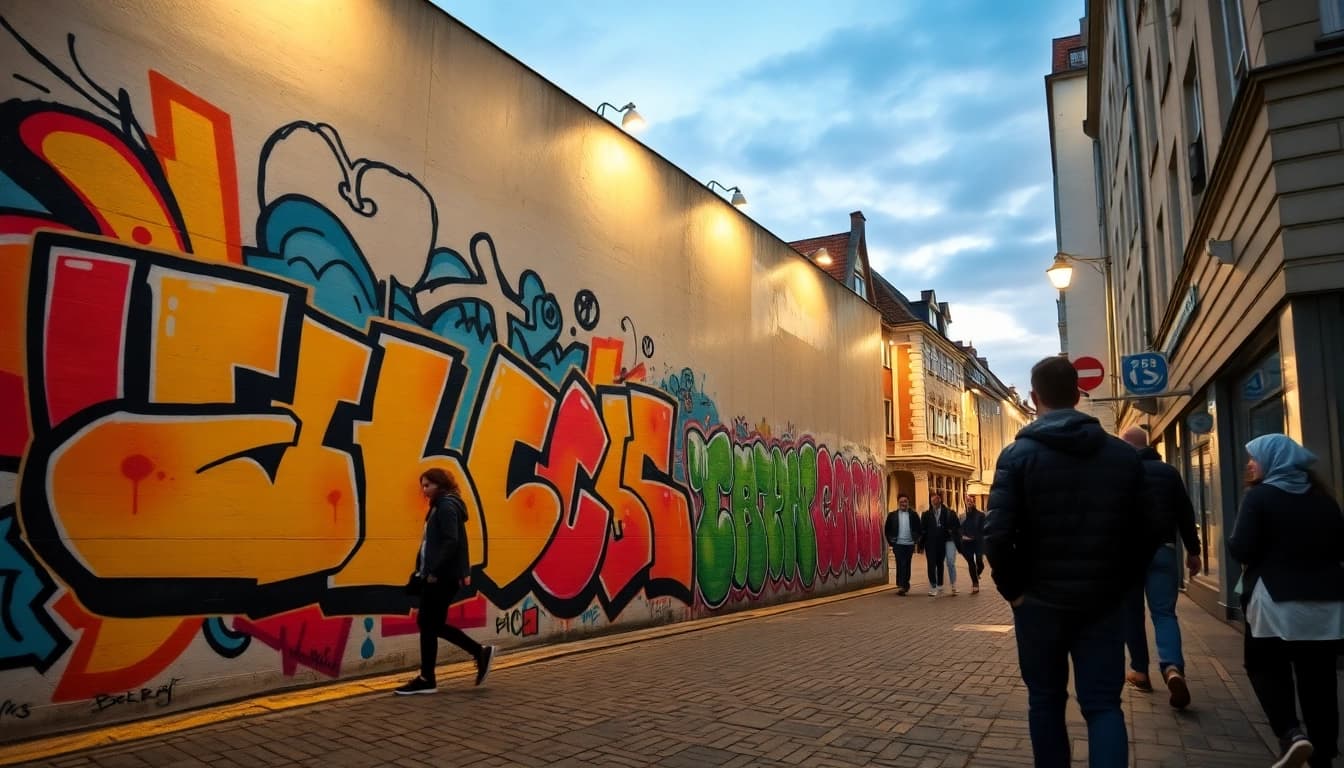 Bewundern Sie ein inspirierendes Graffiti Hamburg Mural, das eine lebendige Straßenszene und kreative Energie darstellt.