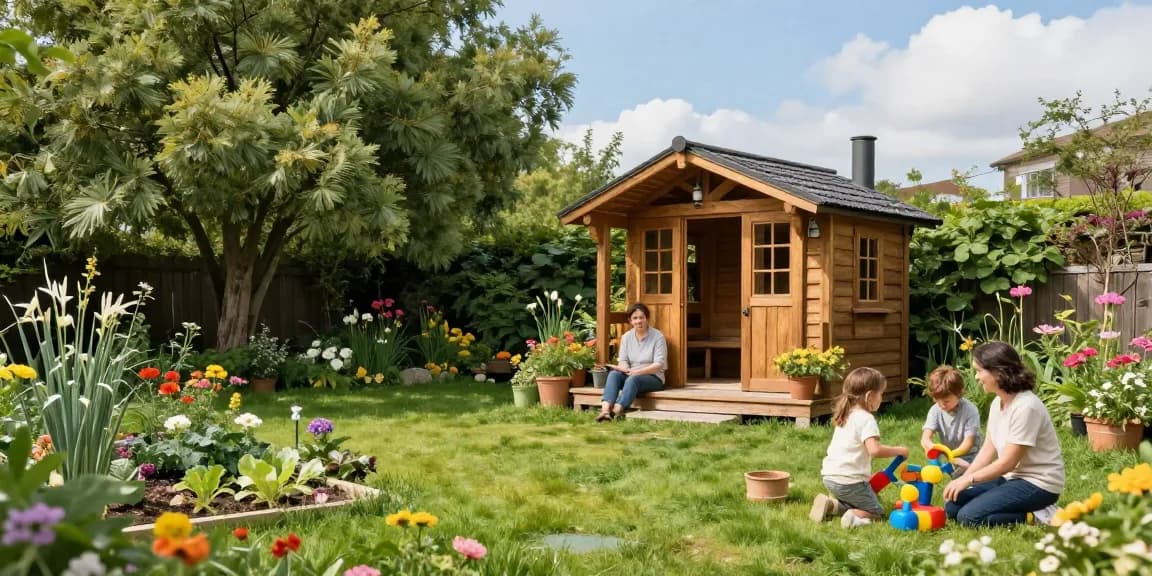 Schöne Gartenhäuser von McGarden24 umgeben von blühenden Pflanzen und einer Familie, die eine sonnige Nachmittagszeit genießt.