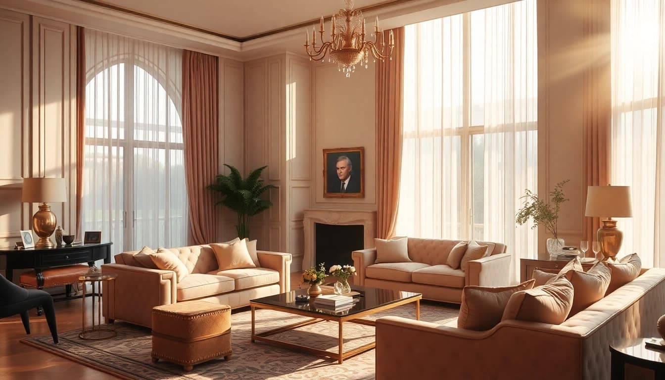 Luxury living room with elegant furniture showcasing plush textures and serene ambiance.