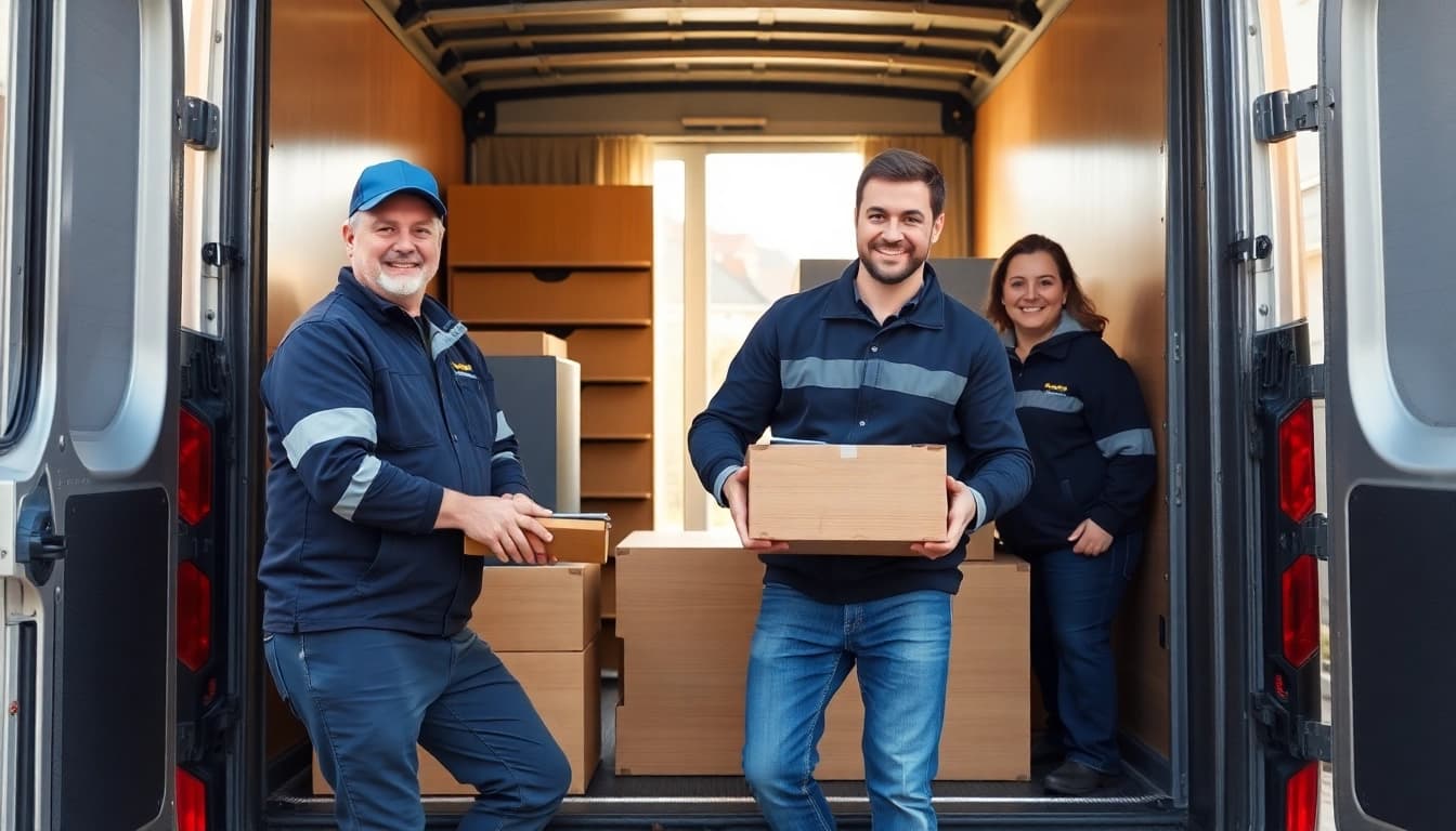 Professionelle Umzugsunternehmen im Saarland laden Möbel sorgfältig in einen Umzugswagen.