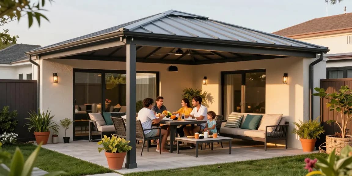 Gemütliche Terrasse mit hochwertigen Terrassenüberdachungen, ideal für entspannte Nachmittage.
