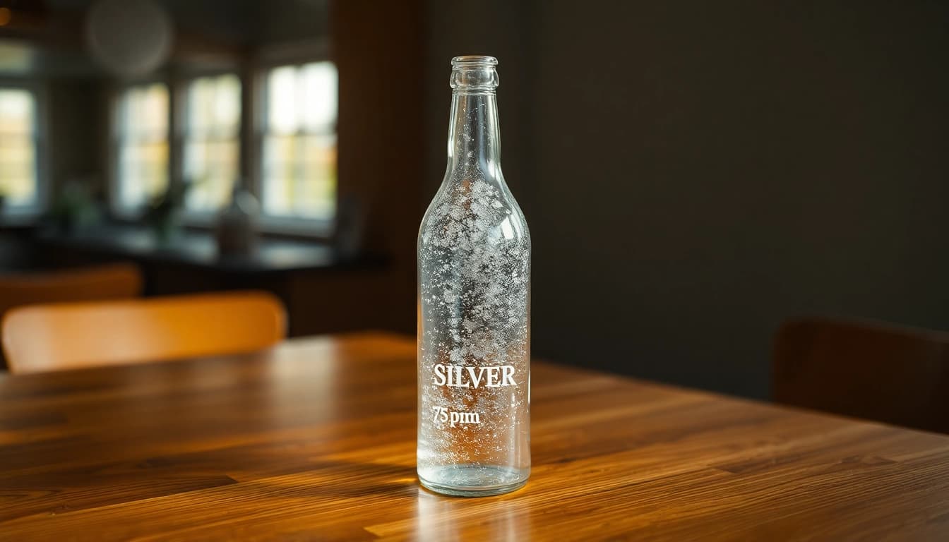 Kolloidales Silber 75 ppm in einer eleganten Flasche, die Reinheit und Qualität betont.