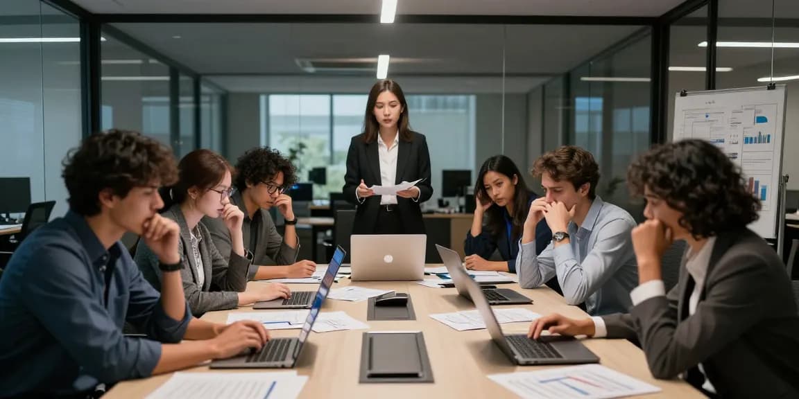Toxische Führung in einem modernen Büro, frustrierte Teammitglieder in besorgniserregendem Meeting.