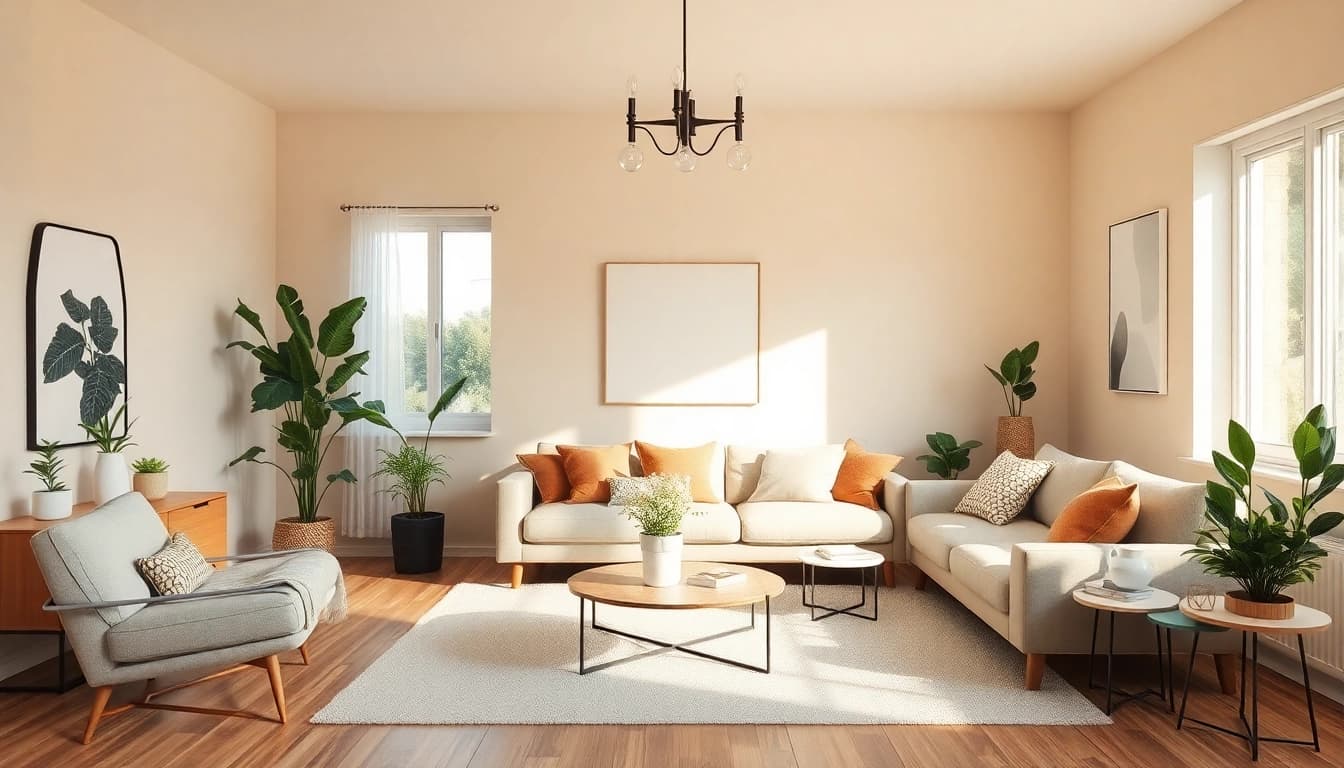 Moderndes Wohnzimmer zur Raumgestaltung mit sanften Pastellfarben, warmen Licht und stilvollen Möbeln.