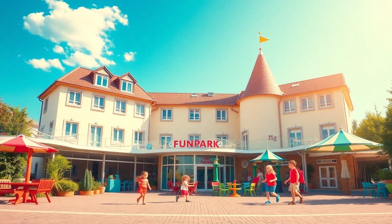 Entdecken Sie das Hotel Playmobil Funpark mit buntem Spielplatz und fröhlichen Familien.