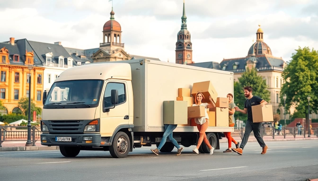 Umzug in Potsdam: Fröhliche Umzugshelfer laden Möbel in einen Transporter vor historischen Gebäuden.