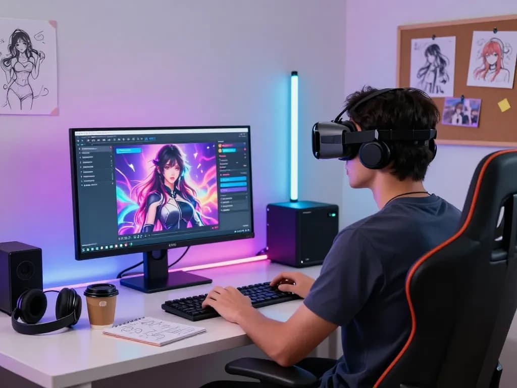 Dynamic user engaging in a hentai AI chat experience in a modern VR workspace.