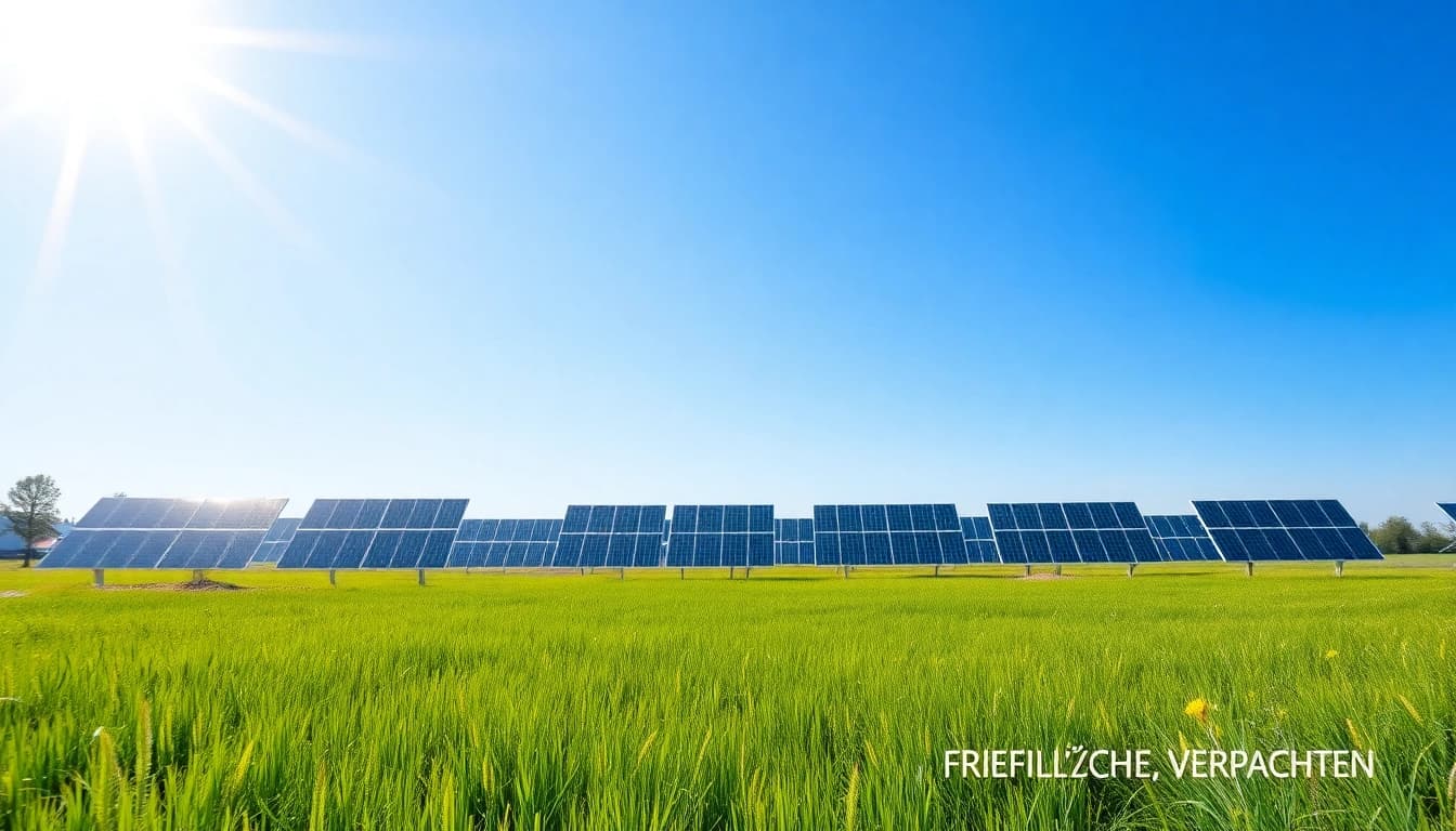 Optimale Möglichkeit, FREIFLÄCHE VERPACHTEN für Solaranlagen zu illustreren, mit einer grünen Wiese und Solarpanels unter strahlendem Sonnenlicht.