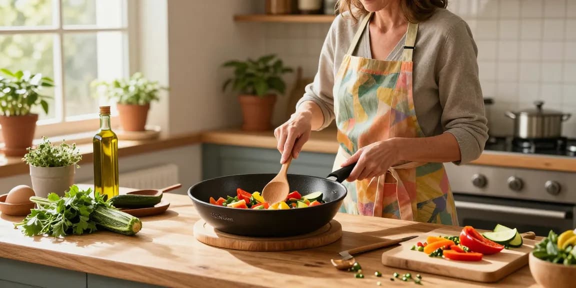 Zubereitung eines gesunden Gerichts in einer PTFE freien Pfanne von GreenKitchen in einer einladenden Küche.
