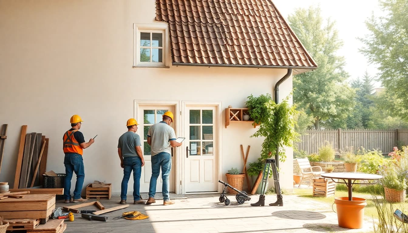 Verwandlung eines alten Hauses durch professionelle Hausrenovierung mit stilvollen Details und Handwerkern am Werk.