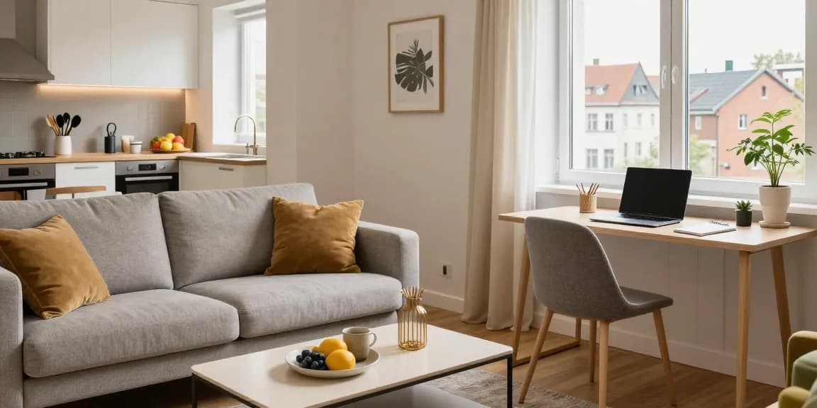 Bequeme Monteurwohnung in Hannover mit voll ausgestatteter Küche und Arbeitsbereich.