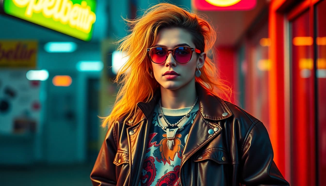 Entdecke ein stylisches 90s Outfit in leuchtenden Farben mit einzigartigen Accessoires und urbanem Flair.