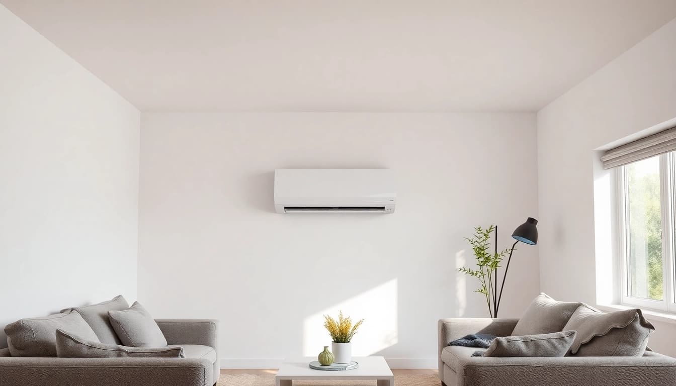 Klimaanlage kosten: Moderne Klimaanlage optimal in einem Wohnraum installiert, umgeben von einem einladenden Ambiente.