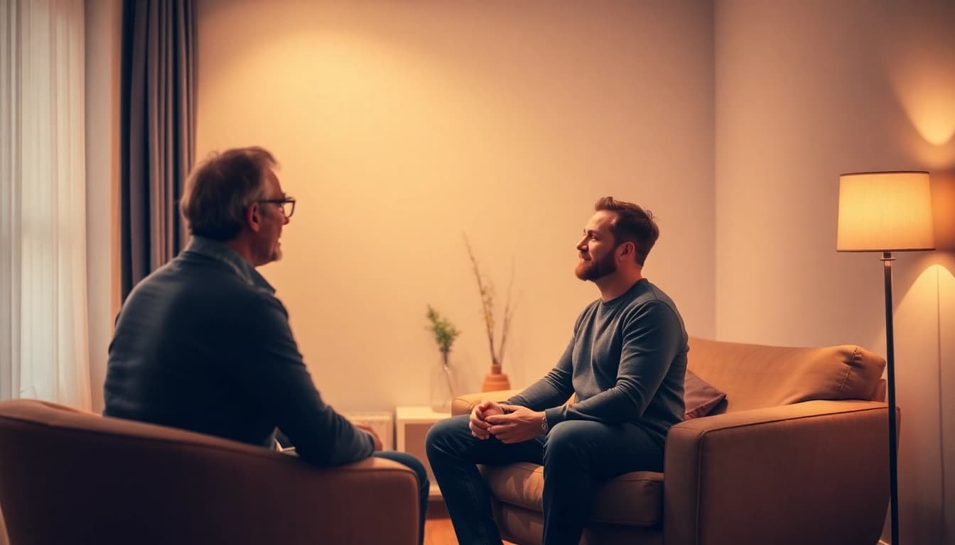 Hypnose Hannover: Beruhigende Hypnose-Session mit einem Coach und Klienten in entspannendem Raum.
