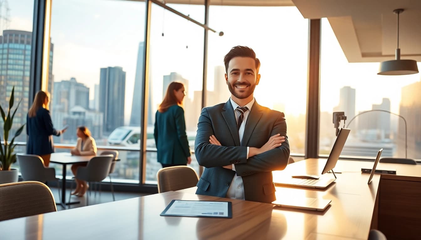 Professioneller Immobilienmakler Frankfurt Riedberg verhandelt mit Kunden in modernem Büro.