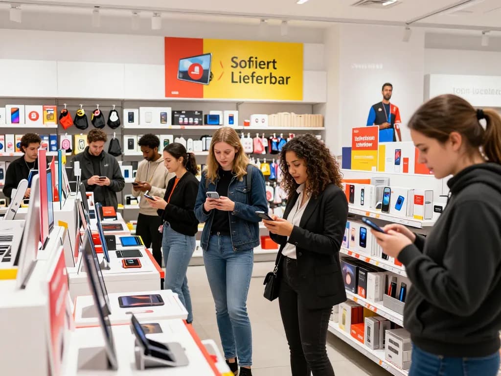 Einkaufserlebnis Sofort Lieferbar mit verschiedenen Käufern, die begeistert in einer modernen Einzelhandelsumgebung mit sofort verfügbaren Produkten stöbern.