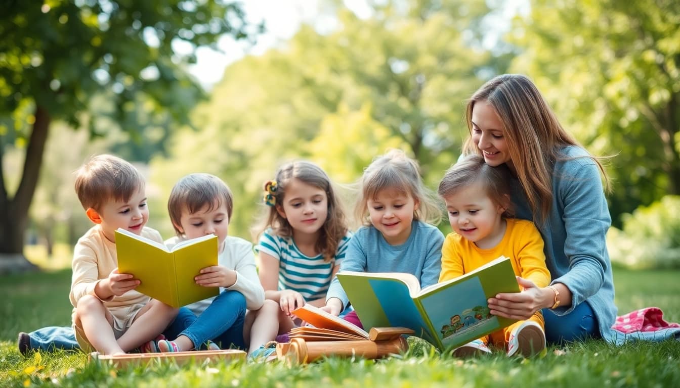 Kindererziehung: Eltern spielen und lernen mit ihren Kindern in einer harmonischen Familienszene im Freien.