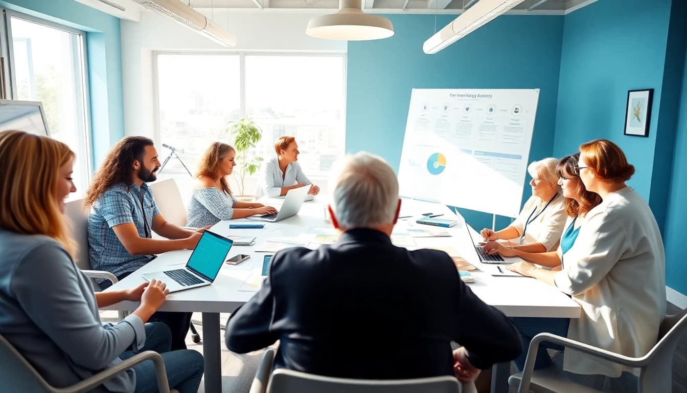 Collaborative marketing team at a werbeagentur pflege, focusing on elderly care solutions.