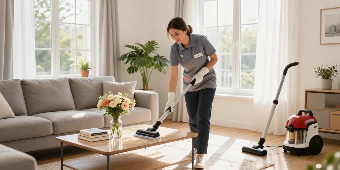 Residential cleaning expert demonstrating reinigung offerte benefits in bright living room setting.