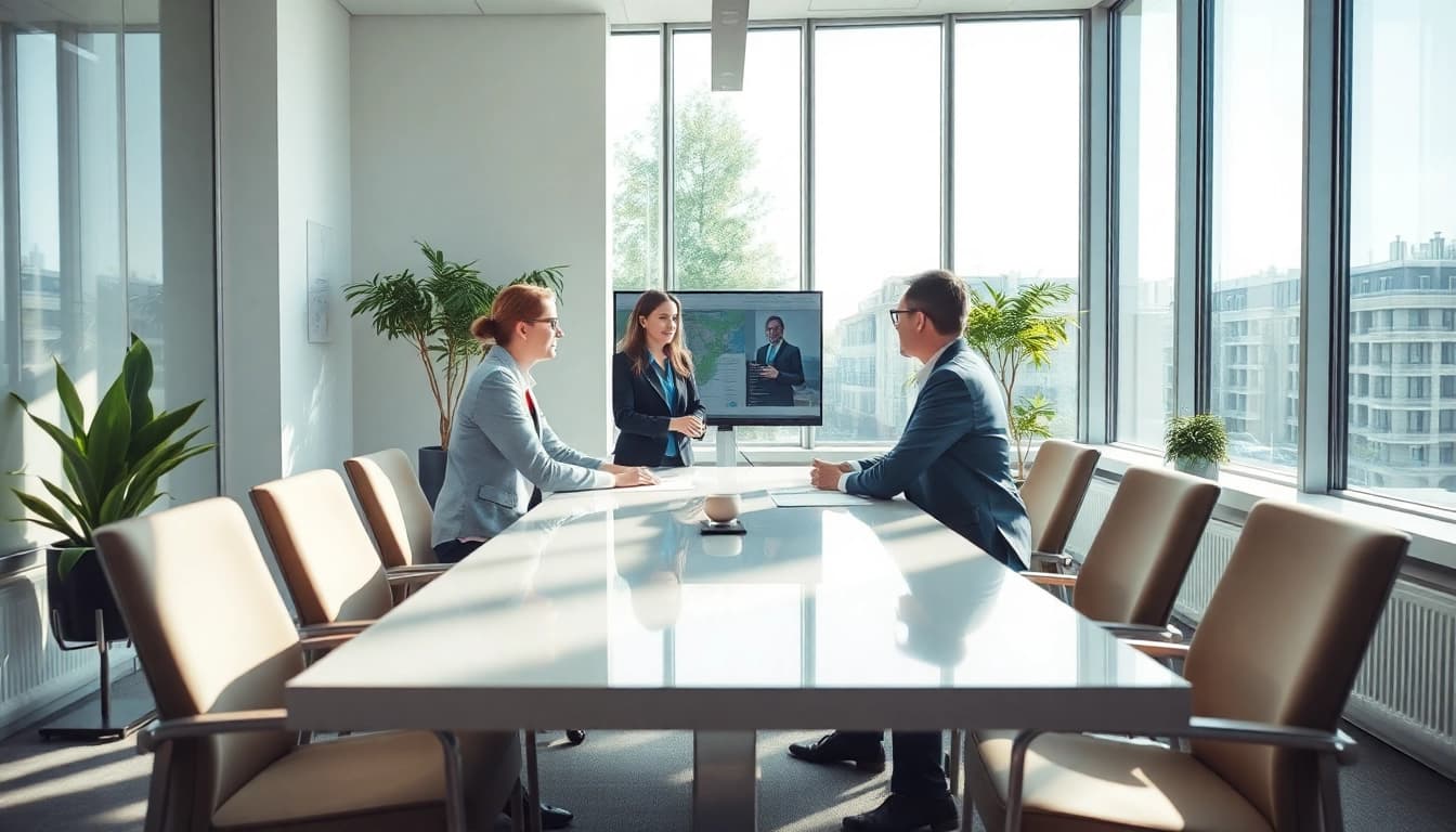 Visualisiere den Prozess der Personalvermittlung in einem modernen Büro mit Beratern, die gemeinsam an Lösungen arbeiten.