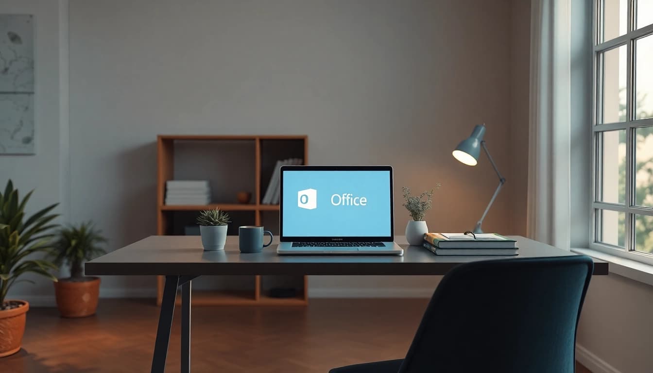 Produziere eine inspirierende Home-Office-Szene mit einem Laptop, der Microsoft Office 2024 zeigt, um das Office 2024 kaufen zu unterstützen.
