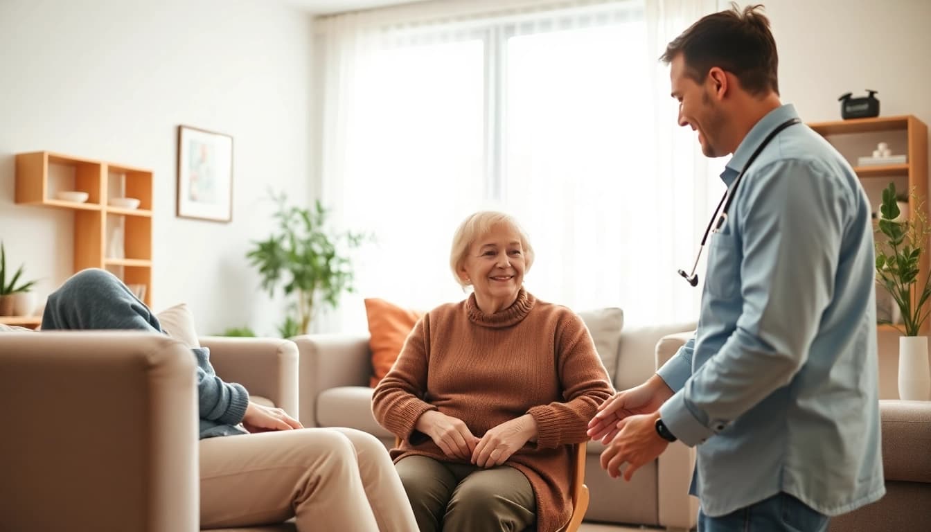 Engagiertes Pflegepersonal bei der Arbeit im Pflegedienst, das ältere Menschen in einem gemütlichen Wohnzimmer betreut.