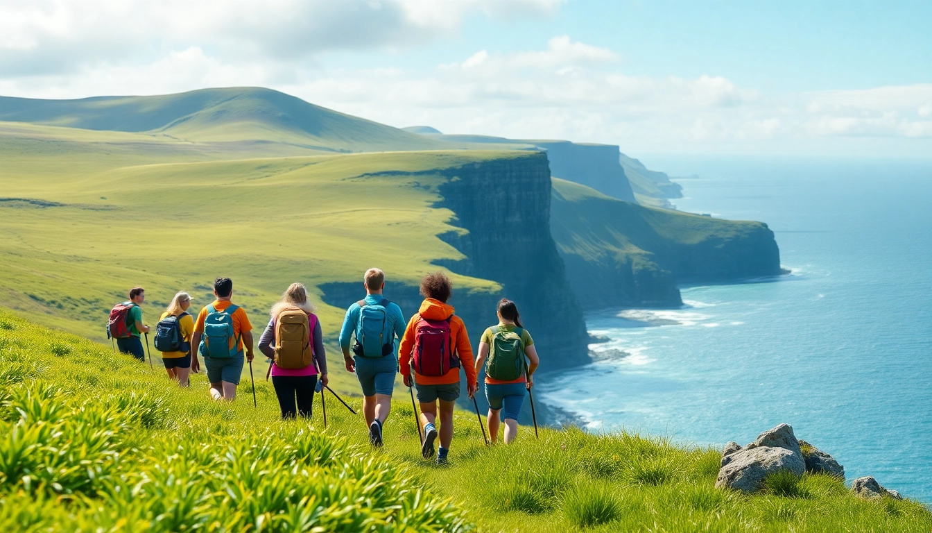 Entspannte Gruppe beim Wandern Irland Urlaub in einer wunderschönen grünen Landschaft.