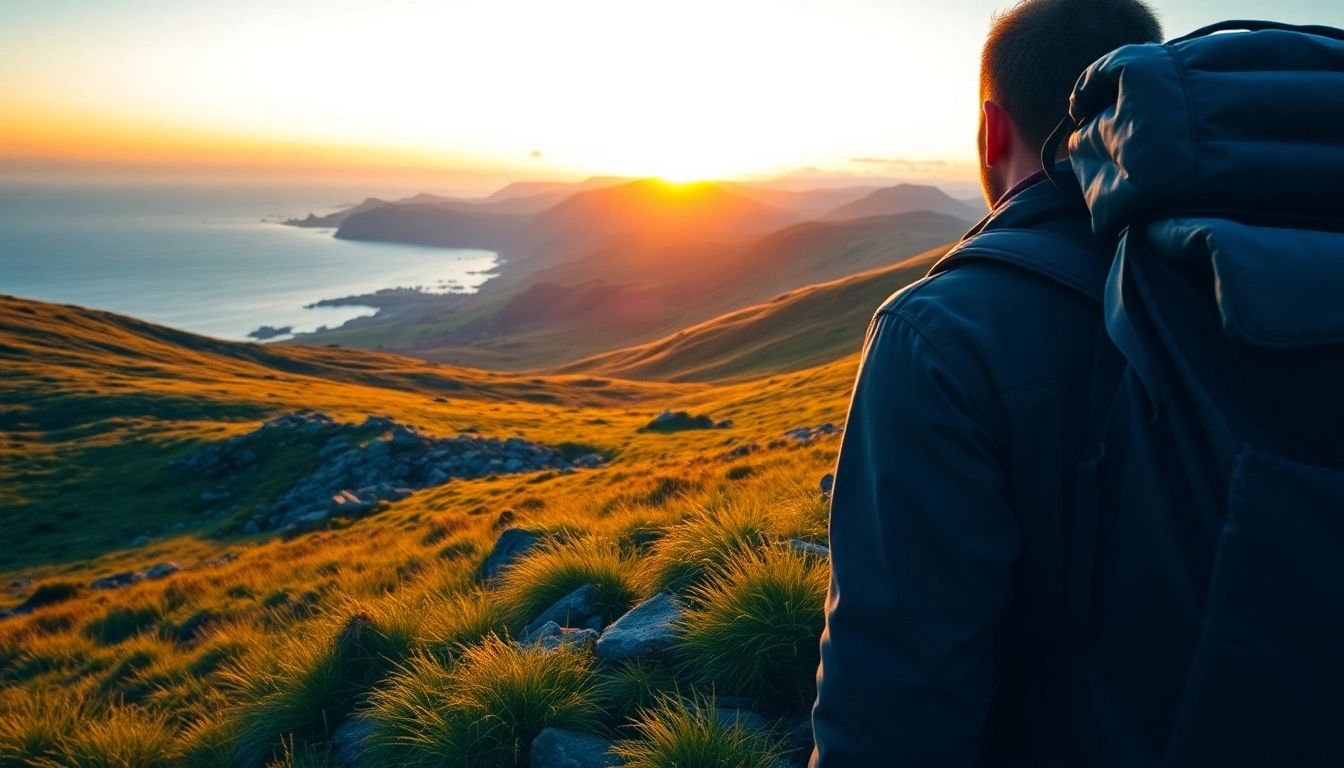 Wanderer genießt die atemberaubende Landschaft auf dem Dingle Way Irland mit majestätischen Hügeln.
