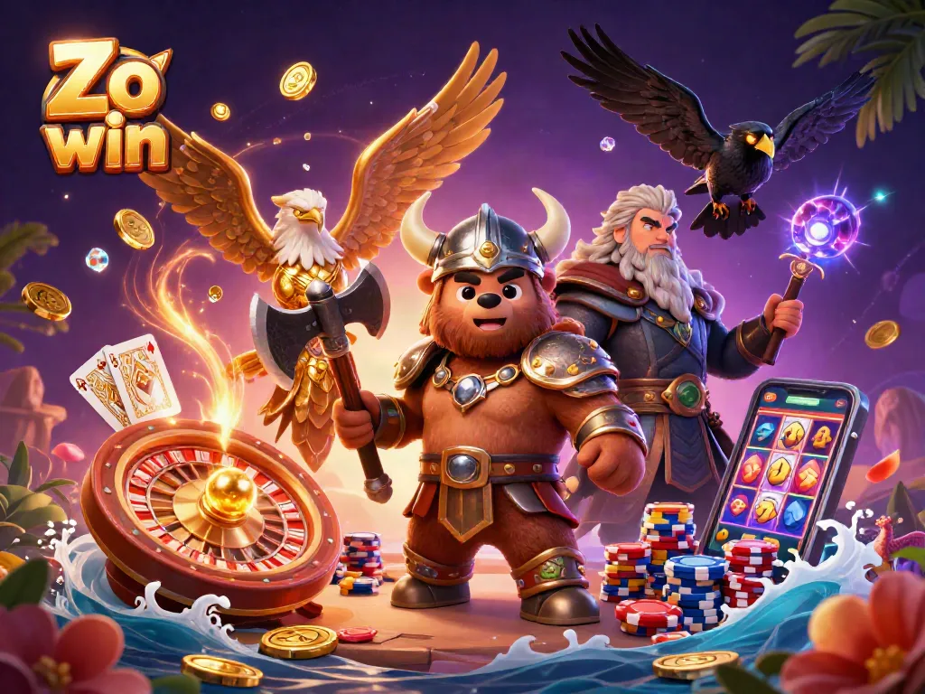 Engage in the excitement of Zo win with dynamic casino elements featuring golden coins, roulette, and vibrant characters.