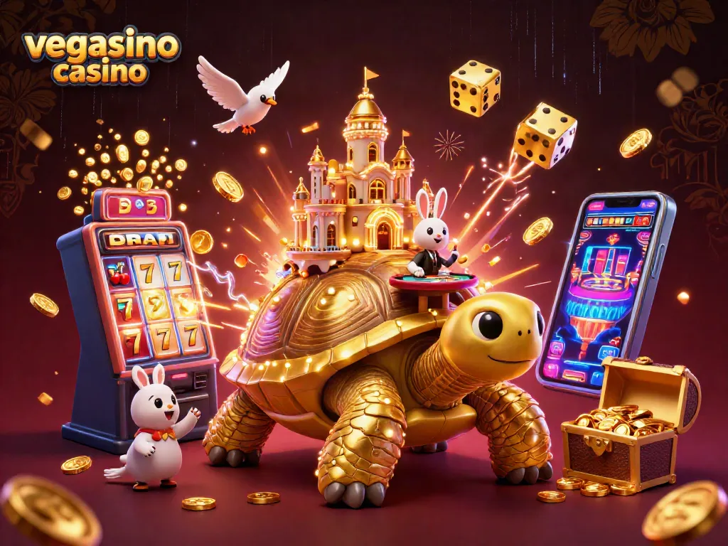Experience the exciting vegasino casino with a vibrant 3D scene of games and golden rewards.