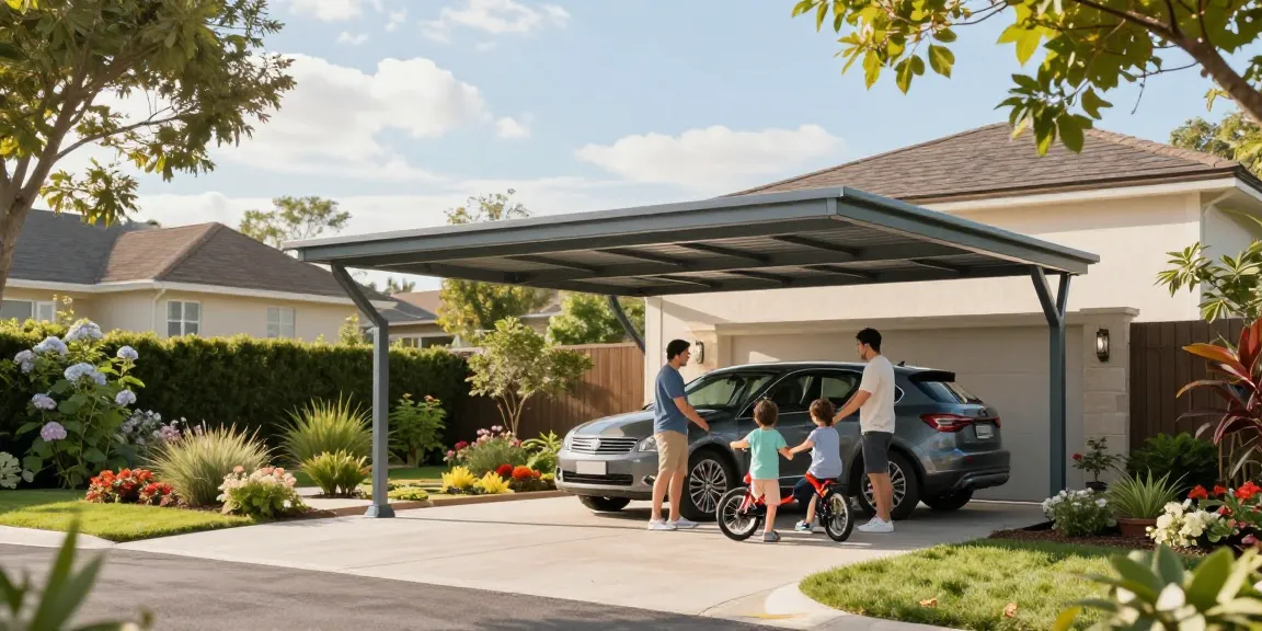 Moderner Carport mit Familie, der ein Auto schützt und eine einladende Gartenlandschaft zeigt.