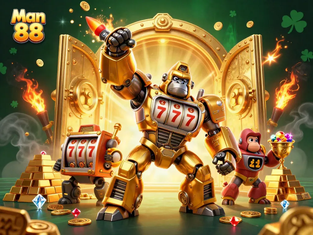 Experience thrilling gaming with Man 88, featuring a dynamic golden gorilla mech and treasure elements.