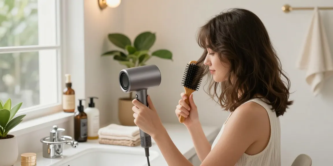 Stylish woman using a compact hair dryer while styling her hair at a bright bathroom vanity.