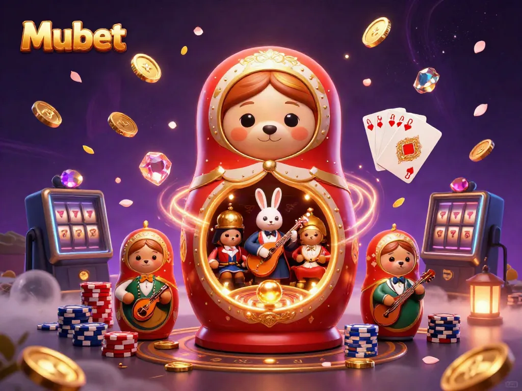 Experience Mubet's vibrant casino world with animated Matryoshka bears, golden coins, and roulette