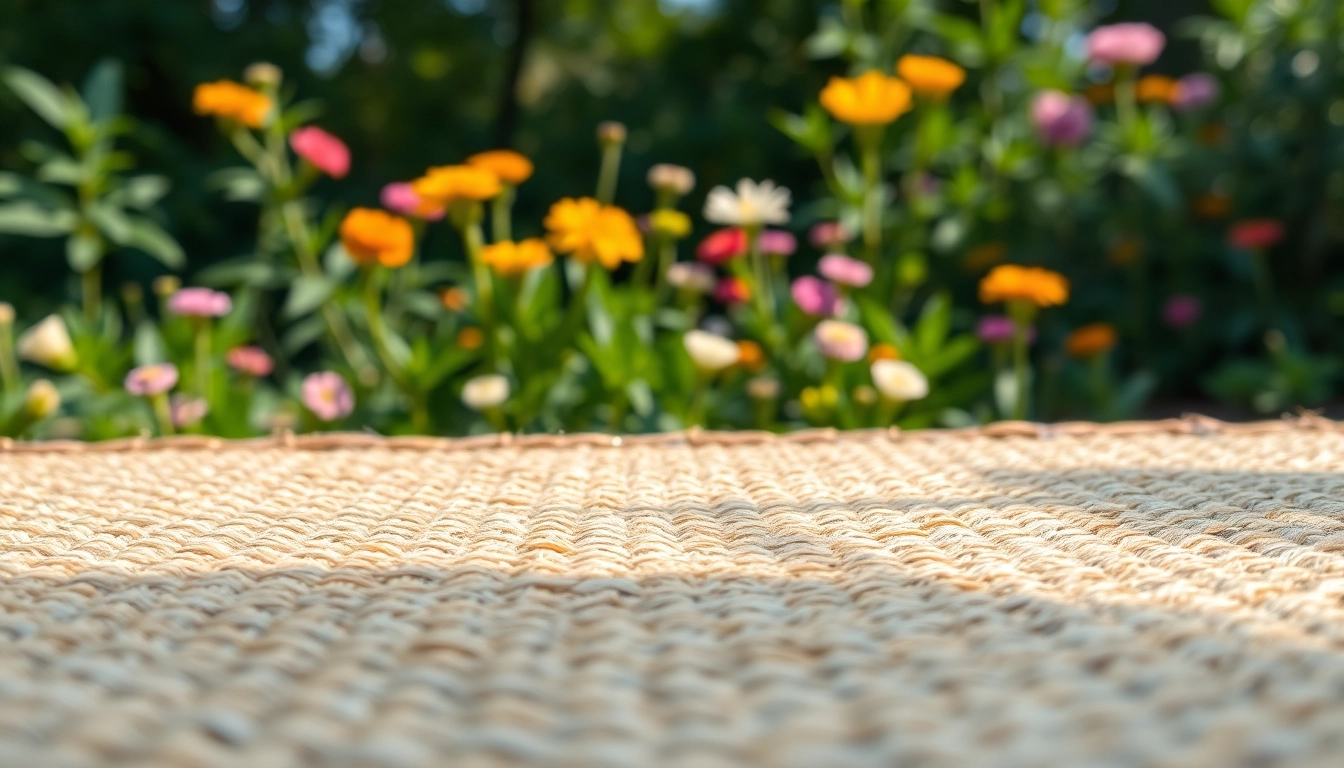 Hanfmatte in entspannendem Garten mit lebhaften Pflanzen.