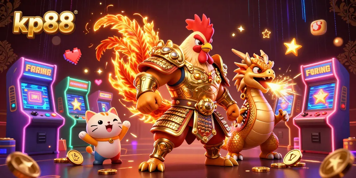 Engage with kp88's vibrant gaming world featuring a dynamic rooster warrior and dragon hatchling.