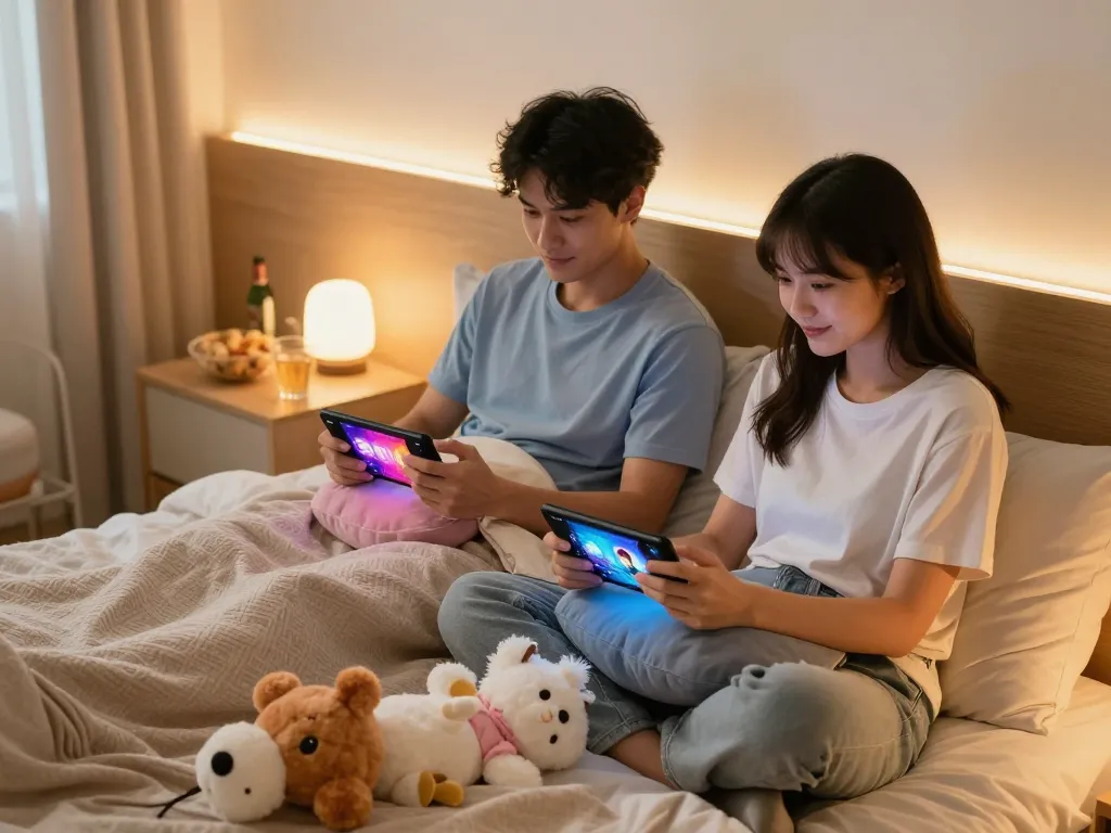 Engaging cozy bedroom with players enjoying sex game online on mobile devices.
