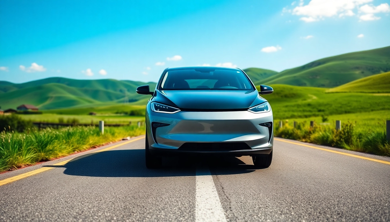 Elektroautos auf einer malerischen Straße umgeben von grünen Landschaften, zeigt Nachhaltigkeit.
