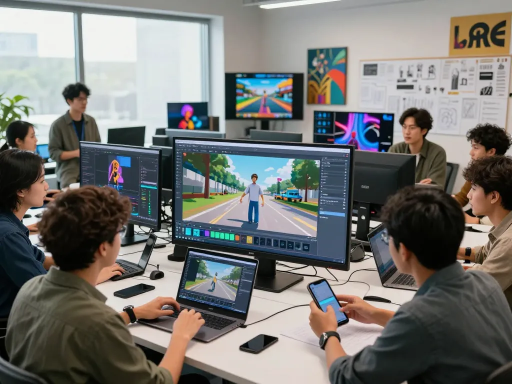 Diverse creators collaborating in a video studio using motion control ai for innovative animation projects.