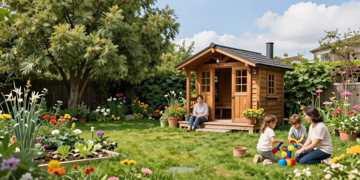 Schöne Gartenhäuser von McGarden24 umgeben von blühenden Pflanzen und einer Familie, die eine sonnige Nachmittagszeit genießt.