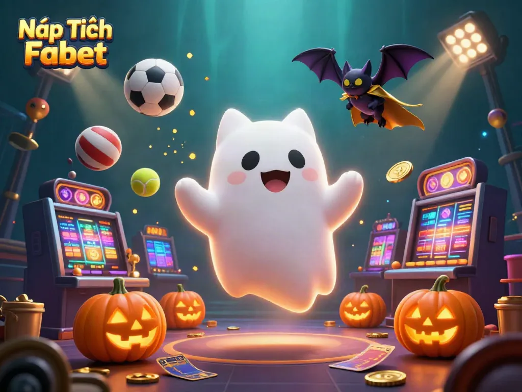 Experience Nạp Tiền Fabet with a friendly ghost cat and dynamic casino elements in a vibrant scene.