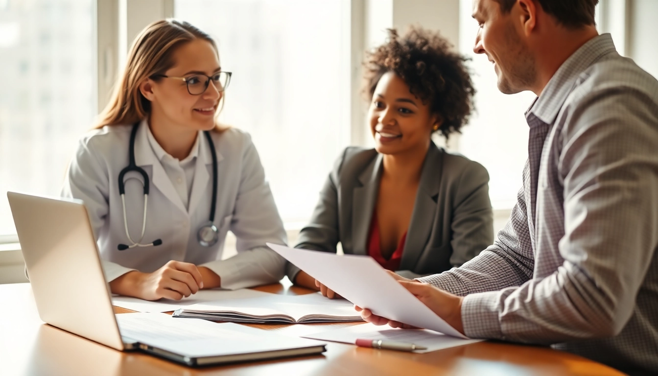 Entrepreneur planning to pflegedienst gründen with a healthcare consultant in a bright office